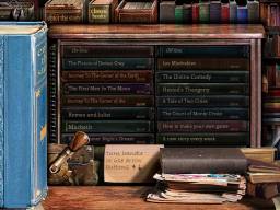 The library shelves: Shakespeare, H.G.Wells, Jules Verne, Oscar Wilde...